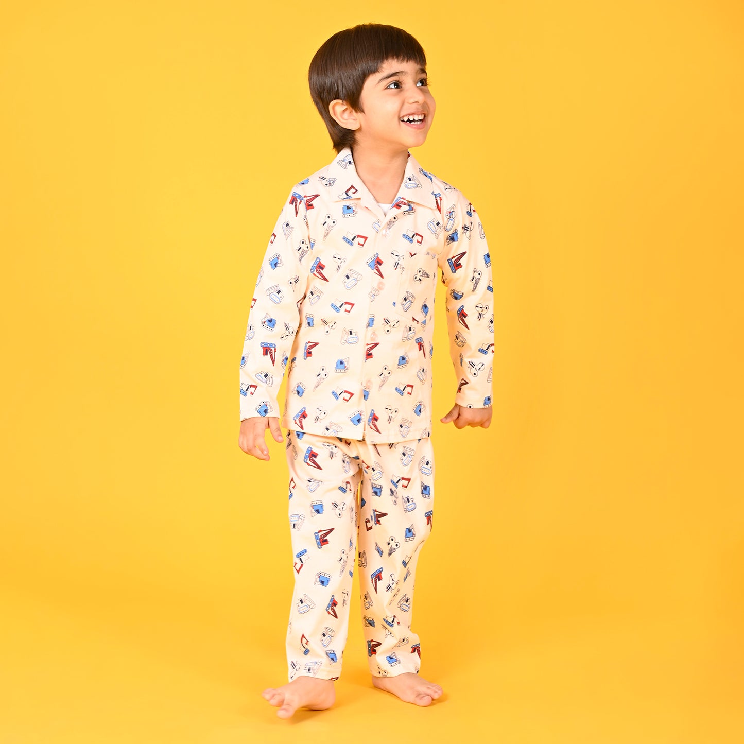 Peach / Car Printed Full Sleeves Cotton Kids Night Suit image 0