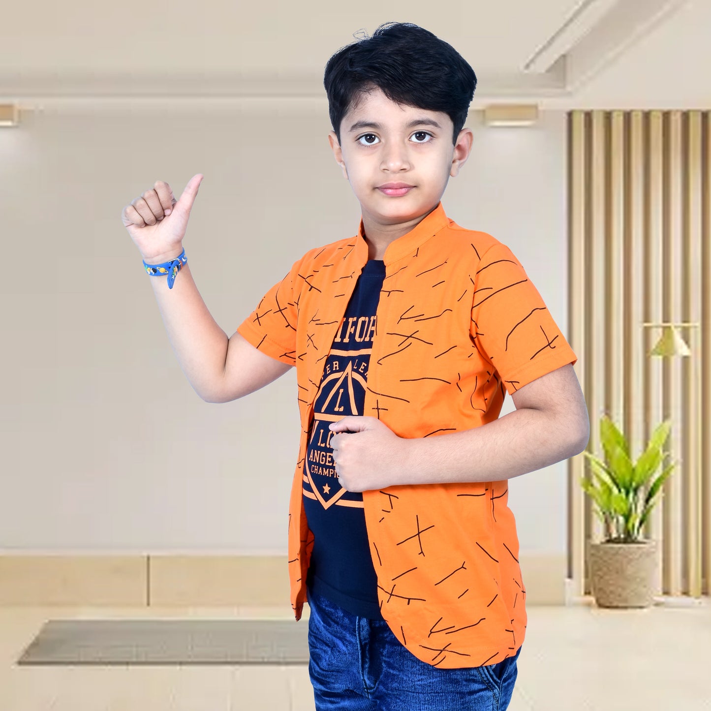 Orange /Printed Half Sleeves Pure Cotton Boys T-shirt Attached with Shrug image 4
