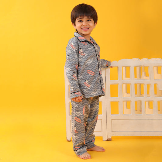 Textile Grey / Ice Skating Printed Full Sleeves Cotton kids Night Suit Set image 1