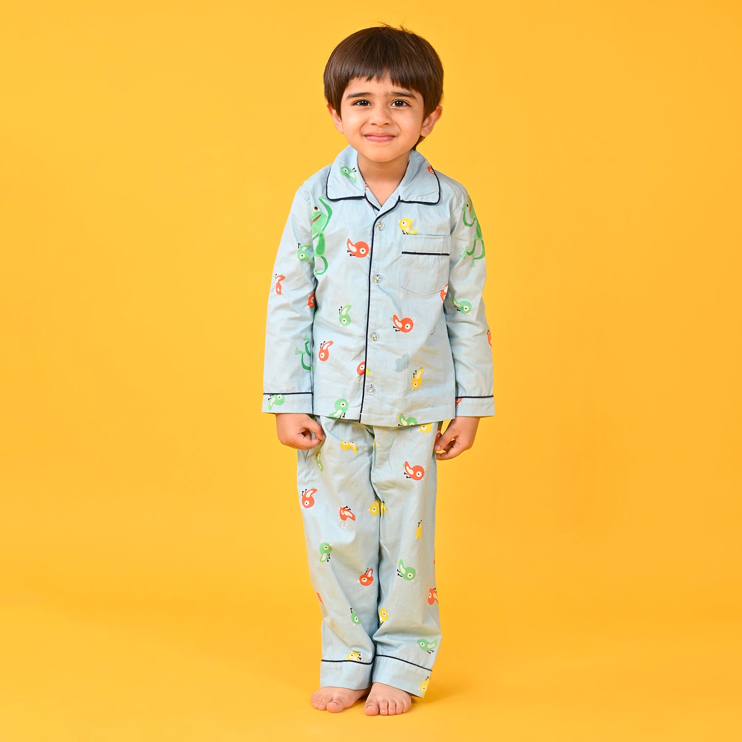 Sky Blue / Bird Printed Full Sleeves Cotton Kids Night Suit image 0