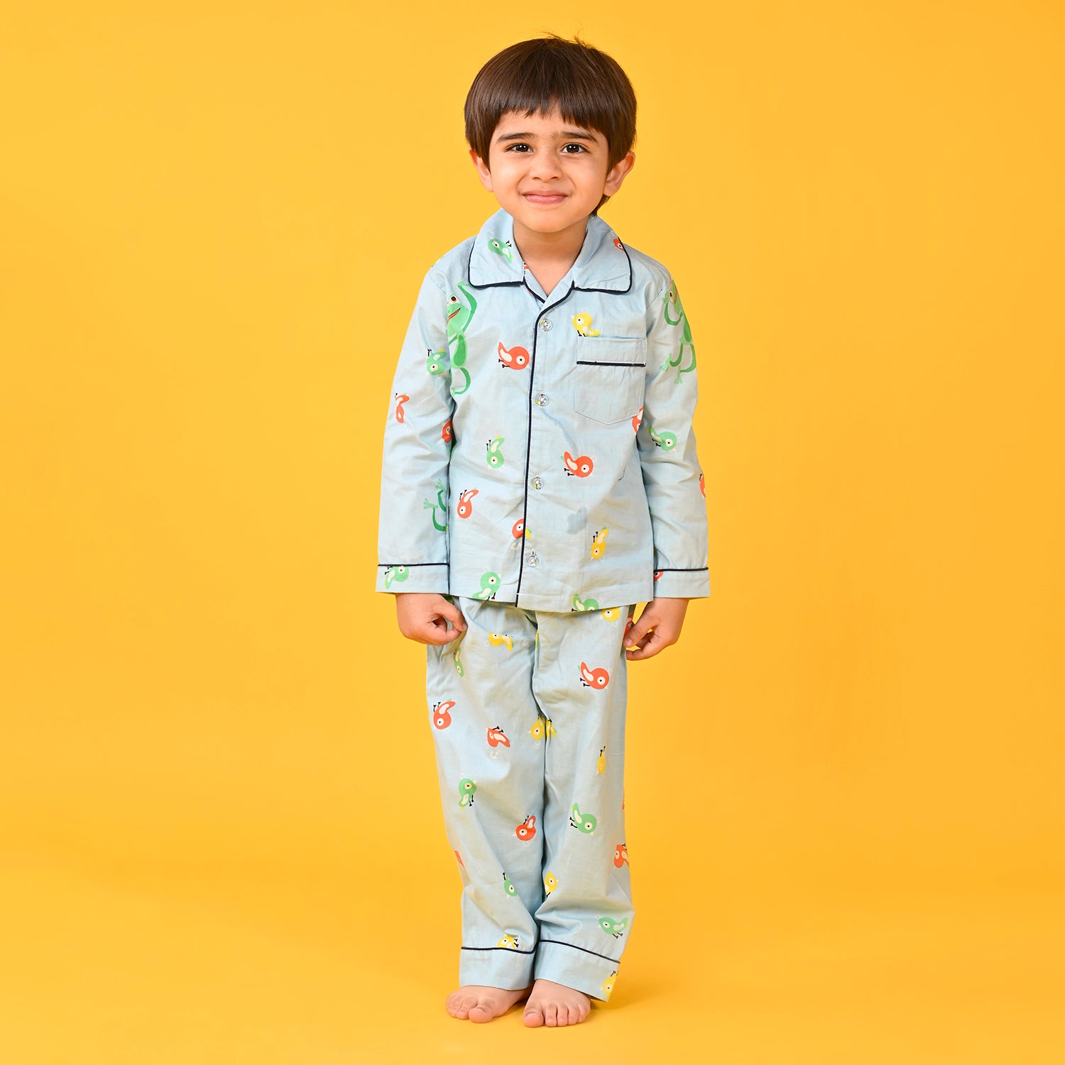Sky Blue / Bird Printed Full Sleeves Cotton Kids Night Suit image 0