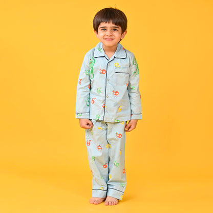 Sky Blue / Bird Printed Full Sleeves Cotton Kids Night Suit image 0