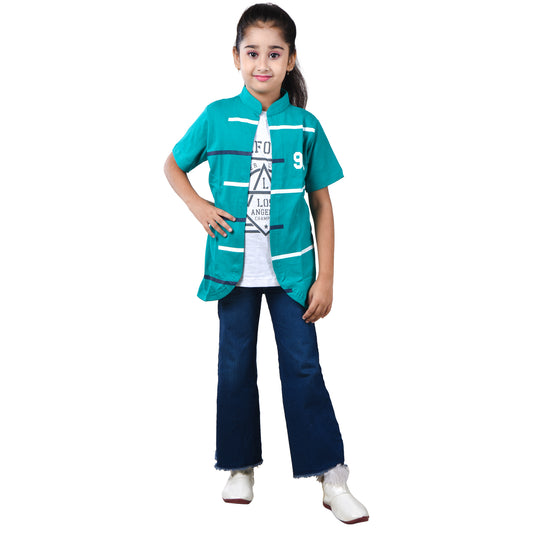 Jam & Sugar Girls Cotton Printed T-Shirt with Attached Shrug Jacket (Rama Green) image 0