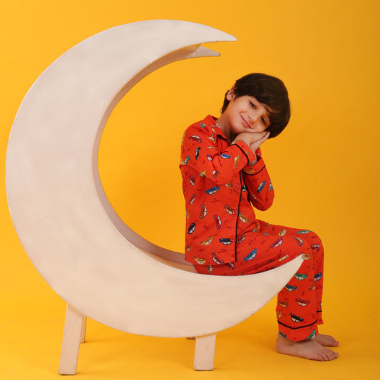 Orange /Car Printed Full Sleeves Cotton Kids Night Suit Set image 4