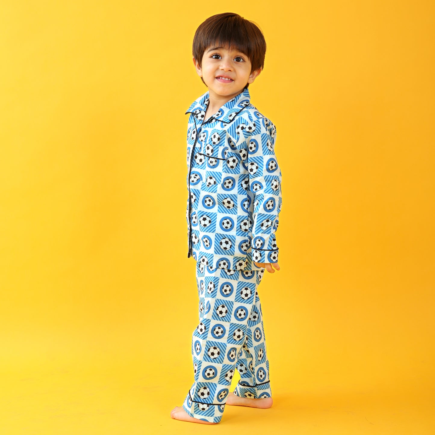Textile Blue / Soccer Printed Full Sleeves Cotton Kids Night Suit Set image 6