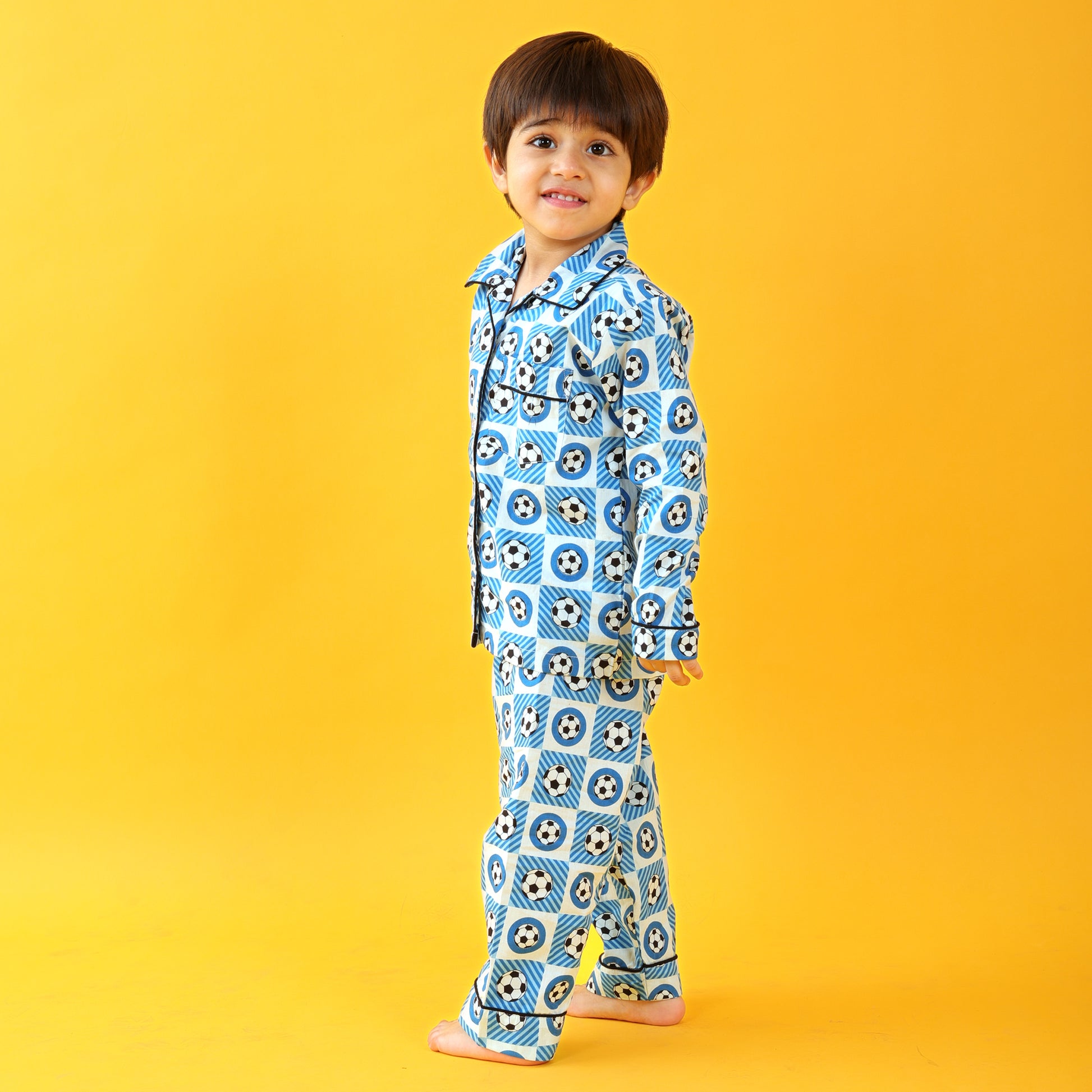 Textile Blue / Soccer Printed Full Sleeves Cotton Kids Night Suit Set image 6