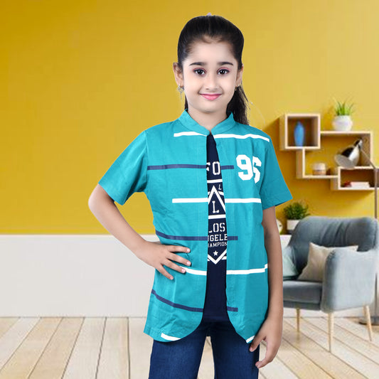 Rama Green /Printed Half Sleeves Pure Cotton Girls T-shirt Attached with Shrug image 0