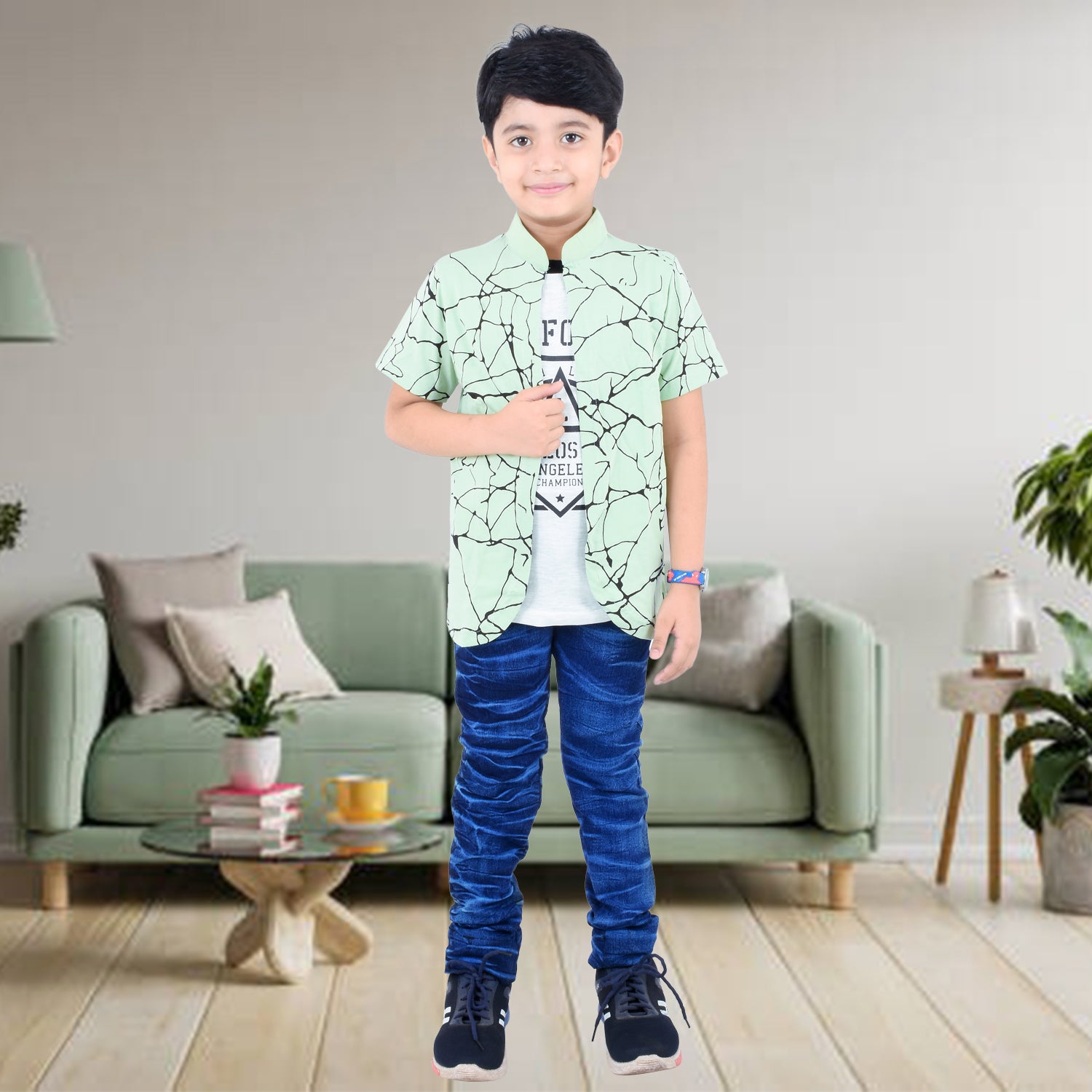 Pista Green /Printed Half Sleeves Pure Cotton Boys T-shirt Attached with Shrug image 0