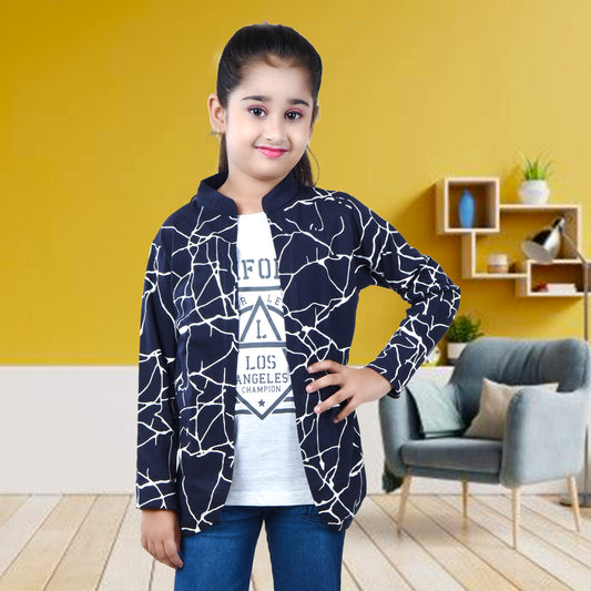 Navy Blue /Printed Full Sleeves Pure Cotton Girls T-shirt Attached with Shrug image 0