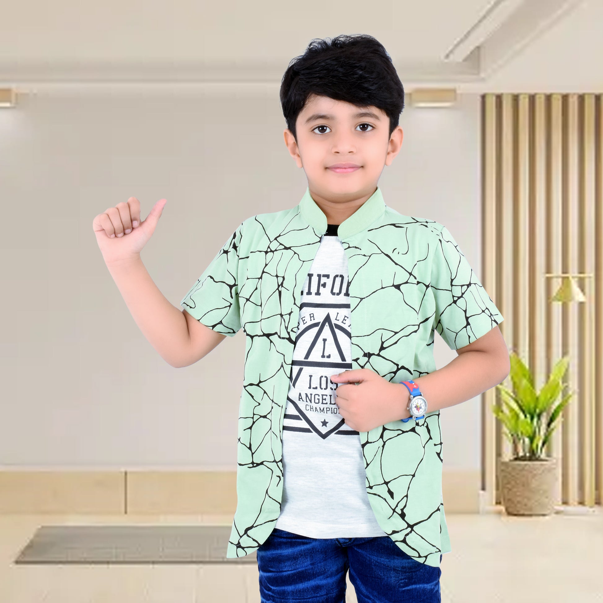 Pista Green /Printed Half Sleeves Pure Cotton Boys T-shirt Attached with Shrug image 2