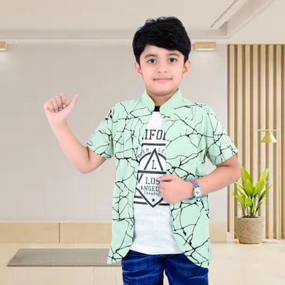 Pista Green /Printed Half Sleeves Pure Cotton Boys T-shirt Attached with Shrug image 2