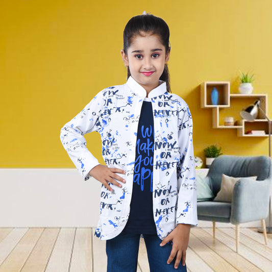 White /Printed Full Sleeves Pure Cotton Girls T-shirt Attached with Shrug image 0