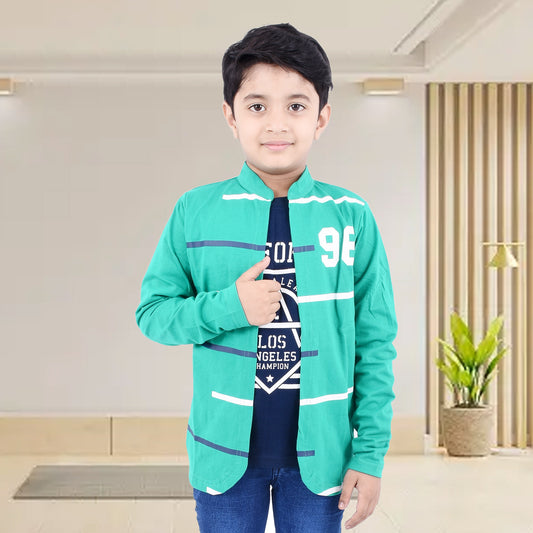 Rama Green /Printed Full Sleeves Pure Cotton Boys T-shirt Attached with Shrug image 0