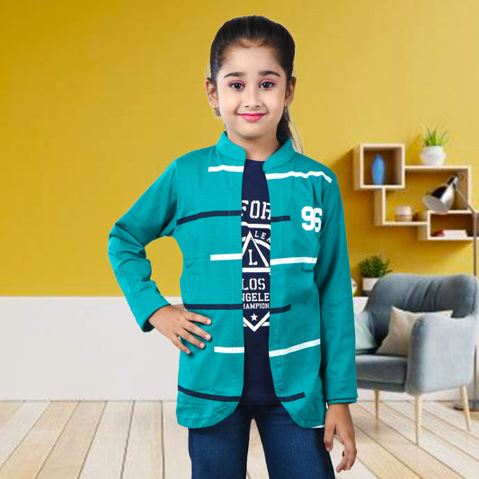 Rama Green /Printed Full Sleeves Pure Cotton Girls T-shirt Attached with Shrug image 0