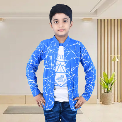 Royal Blue /Printed Full Sleeves Pure Cotton Boys T-shirt Attached with Shrug image 0