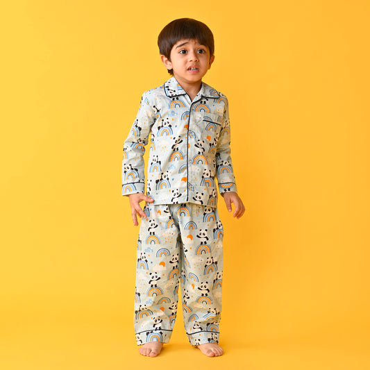 Grey / Panda Printed Full Sleeves Cotton Kids Night Suit image 0