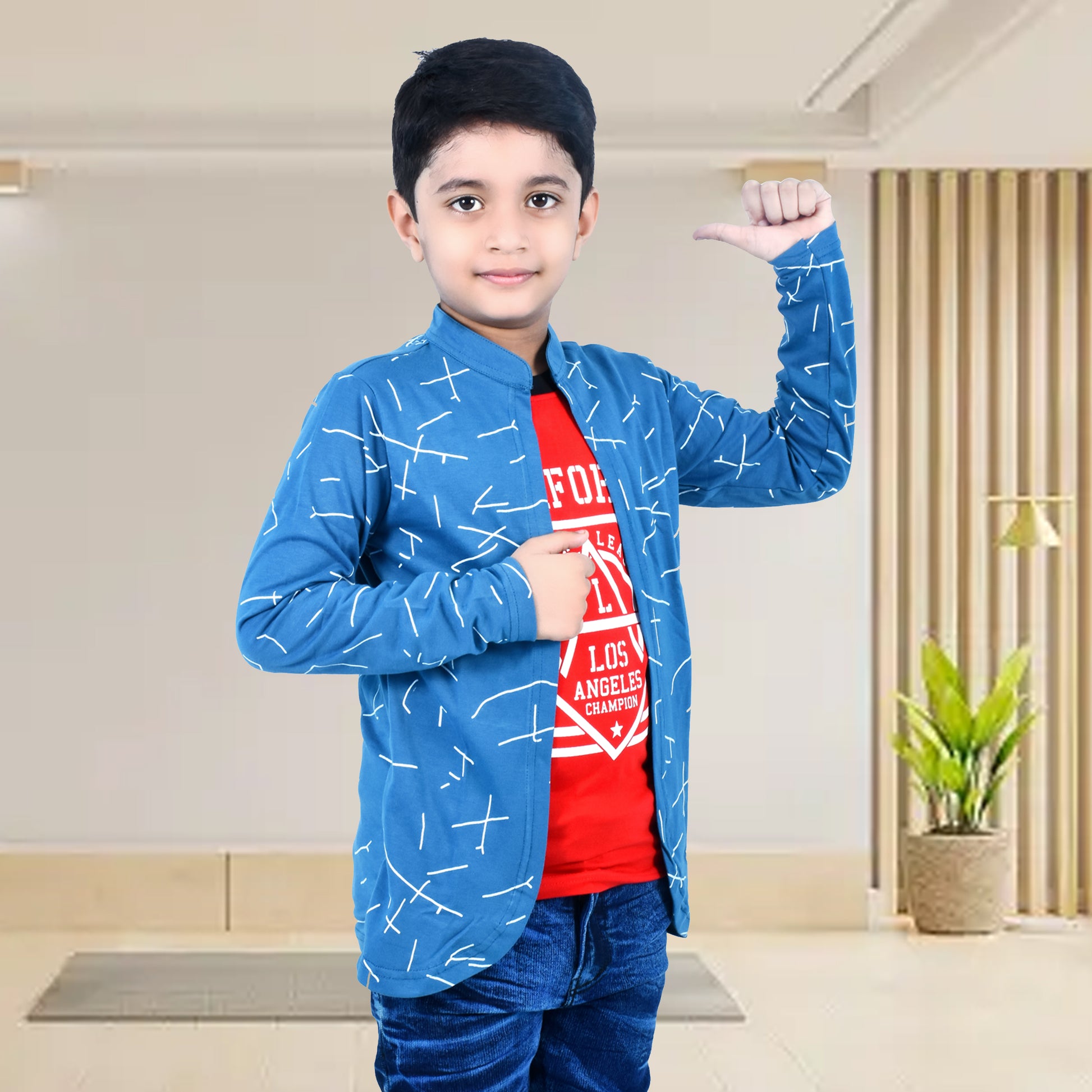 Blue /Airforce Printed Full Sleeves Pure Cotton Boys T-shirt Attached with Shrug image 2