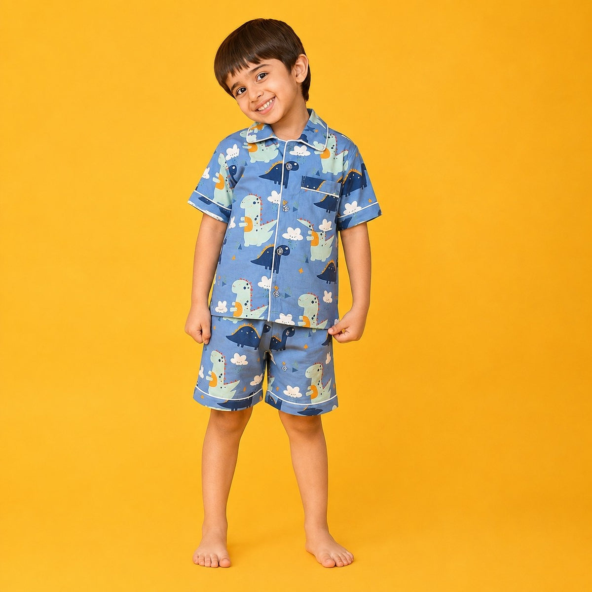 Jam & Sugar Dino Blue Cotton Kids Casual Half Sleeve | Night Dress | Comfortable Combo Set