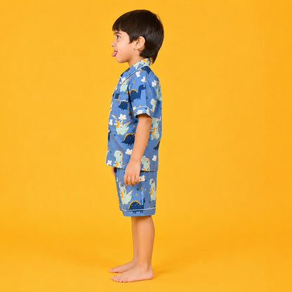 Jam & Sugar Dino Blue Cotton Kids Casual Half Sleeve | Night Dress | Comfortable Combo Set