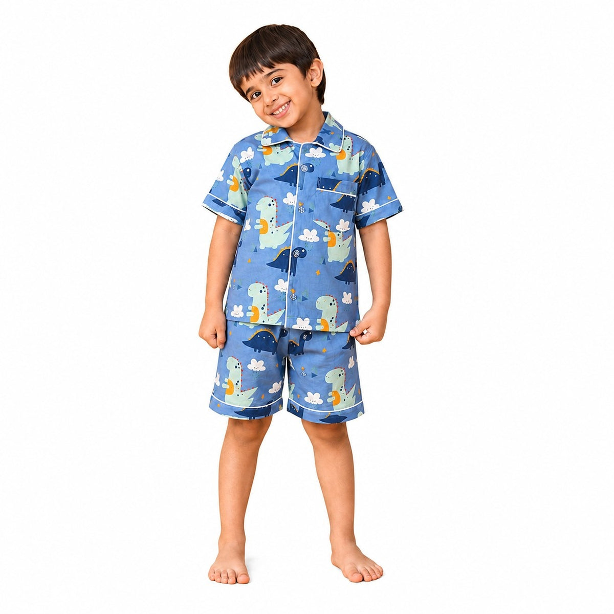 Jam & Sugar Dino Blue Cotton Kids Casual Half Sleeve | Night Dress | Comfortable Combo Set