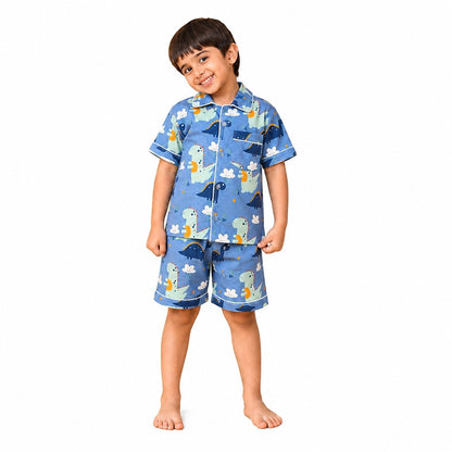 Jam & Sugar Dino Blue Cotton Kids Casual Half Sleeve | Night Dress | Comfortable Combo Set