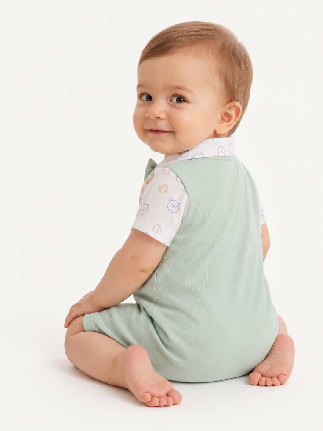 Baby Boy Romper with Bow Tie and Bear Patch - Green