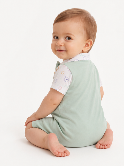 Baby Boy Romper with Bow Tie and Bear Patch - Green