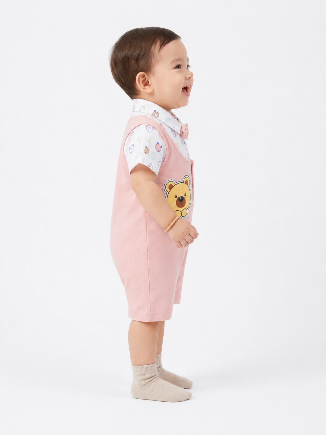 Baby Boy Romper with Bow Tie and Bear Patch - Pink