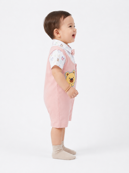 Baby Boy Romper with Bow Tie and Bear Patch Green & Pink Combo