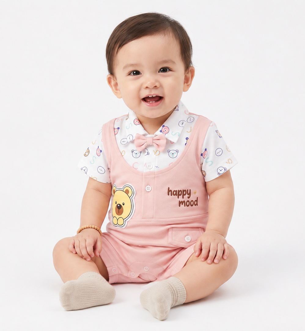 Baby Boy Romper with Bow Tie and Bear Patch - Pink