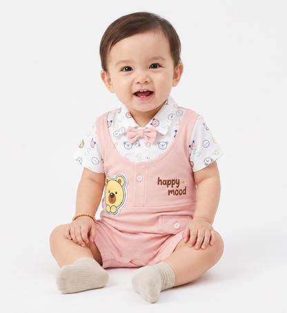 Baby Boy Romper with Bow Tie and Bear Patch - Pink