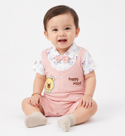 Baby Boy Romper with Bow Tie and Bear Patch - Pink