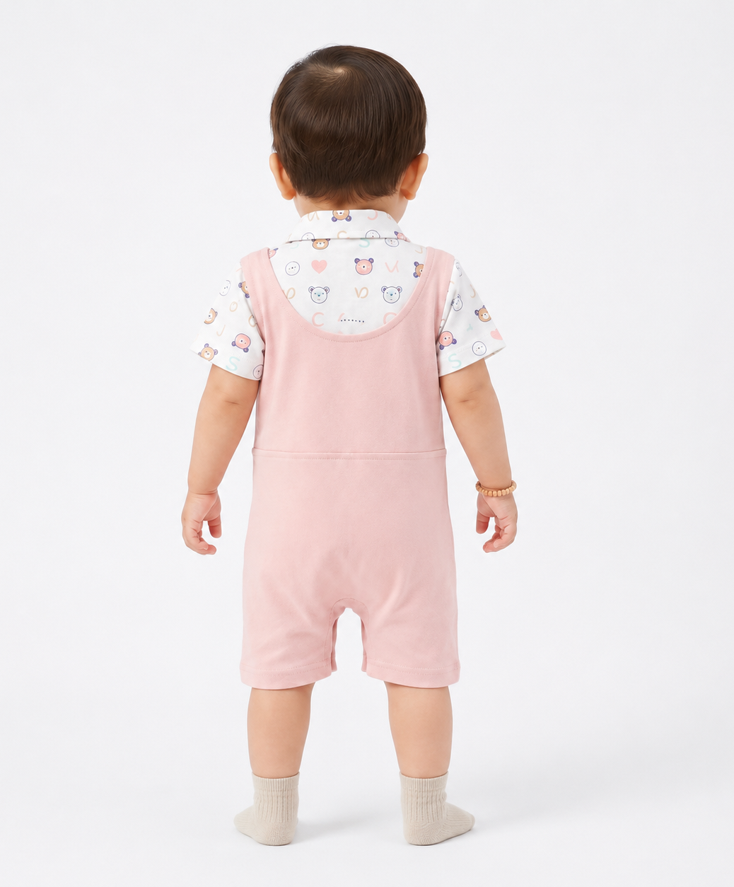 Baby Boy Romper with Bow Tie and Bear Patch Green & Pink Combo