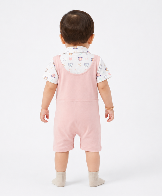 Baby Boy Romper with Bow Tie and Bear Patch - Pink