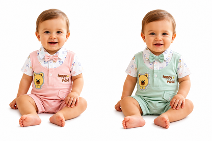 Baby Boy Romper with Bow Tie and Bear Patch Green & Pink Combo
