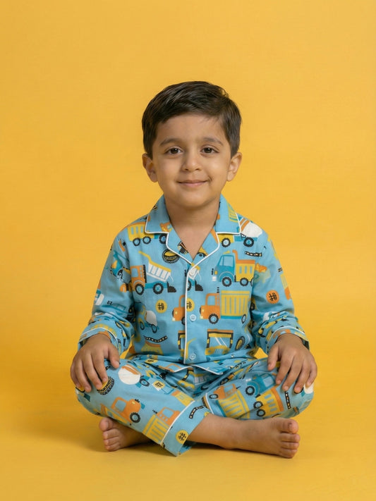 Blue Graphic Printed Full Sleeves Nightsuit for Boys