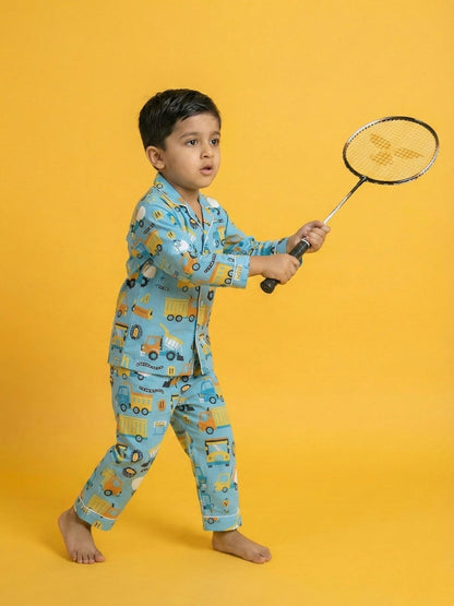 Blue Graphic Printed Full Sleeves Nightsuit for Boys