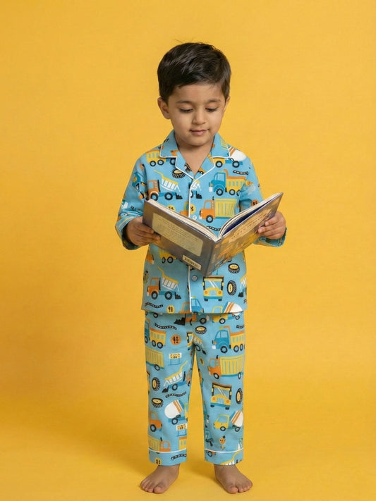 Blue Graphic Printed Full Sleeves Nightsuit for Boys