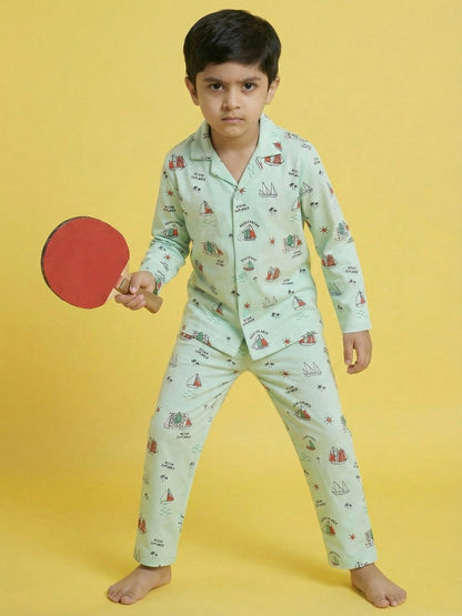 Green Graphic Printed Full Sleeves Nightsuit for Boys