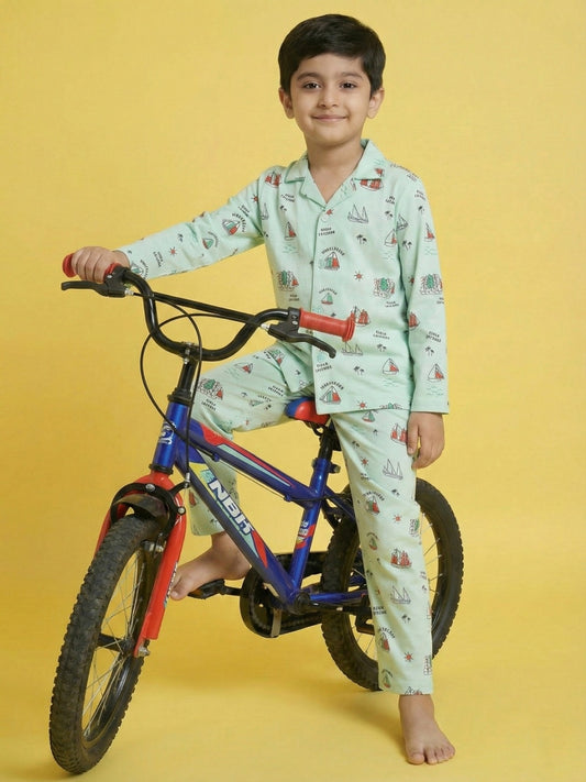 Green Graphic Printed Full Sleeves Nightsuit for Boys