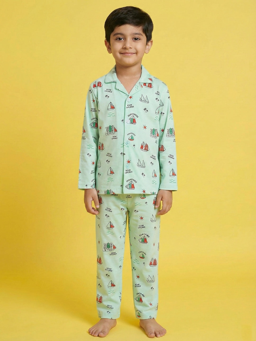 Green Graphic Printed Full Sleeves Nightsuit for Boys