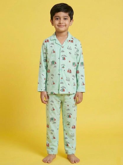 Green Graphic Printed Full Sleeves Nightsuit for Boys