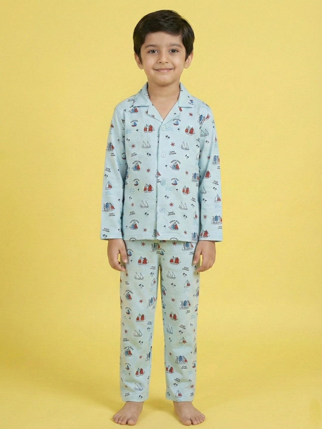 Turquoise Blue Graphic Printed Full Sleeves Nightsuit for Boys