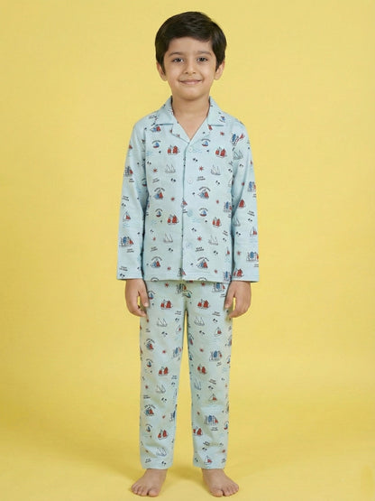 Turquoise Blue Graphic Printed Full Sleeves Nightsuit for Boys