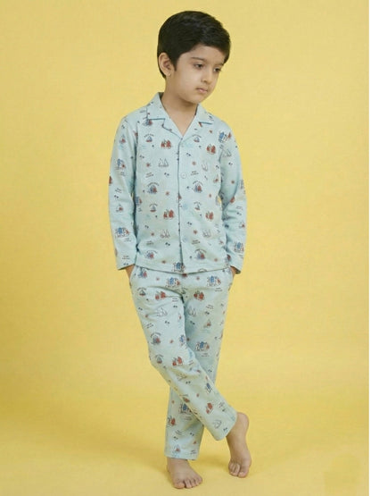 Turquoise Blue Graphic Printed Full Sleeves Nightsuit for Boys