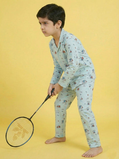 Turquoise Blue Graphic Printed Full Sleeves Nightsuit for Boys