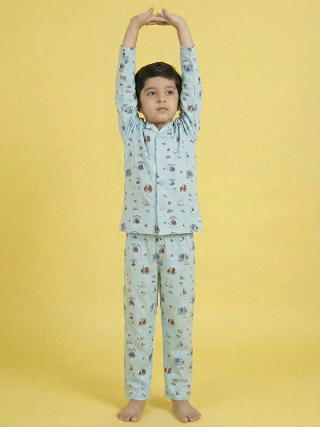 Turquoise Blue Graphic Printed Full Sleeves Nightsuit for Boys