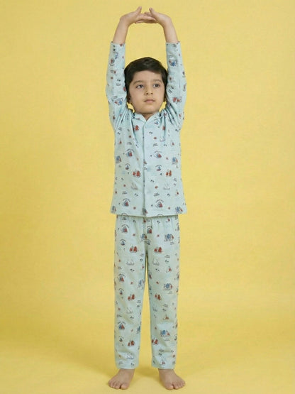 Turquoise Blue Graphic Printed Full Sleeves Nightsuit for Boys