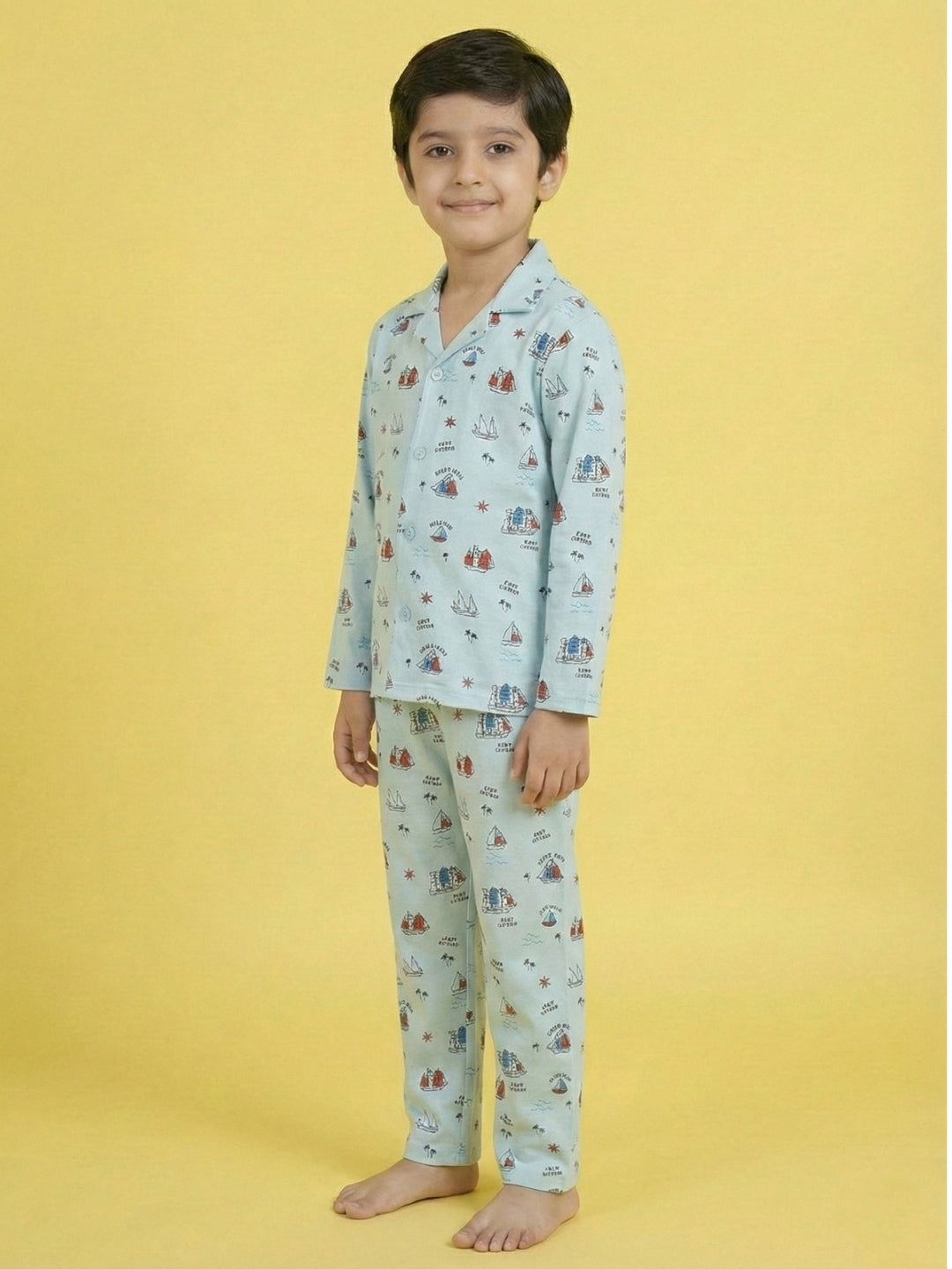 Turquoise Blue Graphic Printed Full Sleeves Nightsuit for Boys