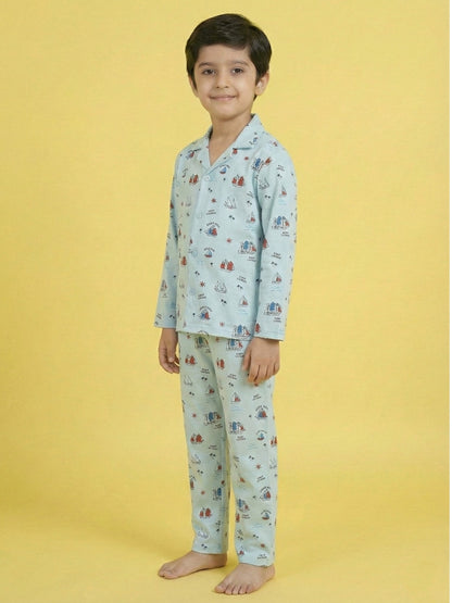 Turquoise Blue Graphic Printed Full Sleeves Nightsuit for Boys